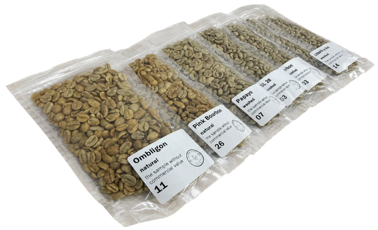 Green coffee samples — vacuum-sealed sample bags from La Familia